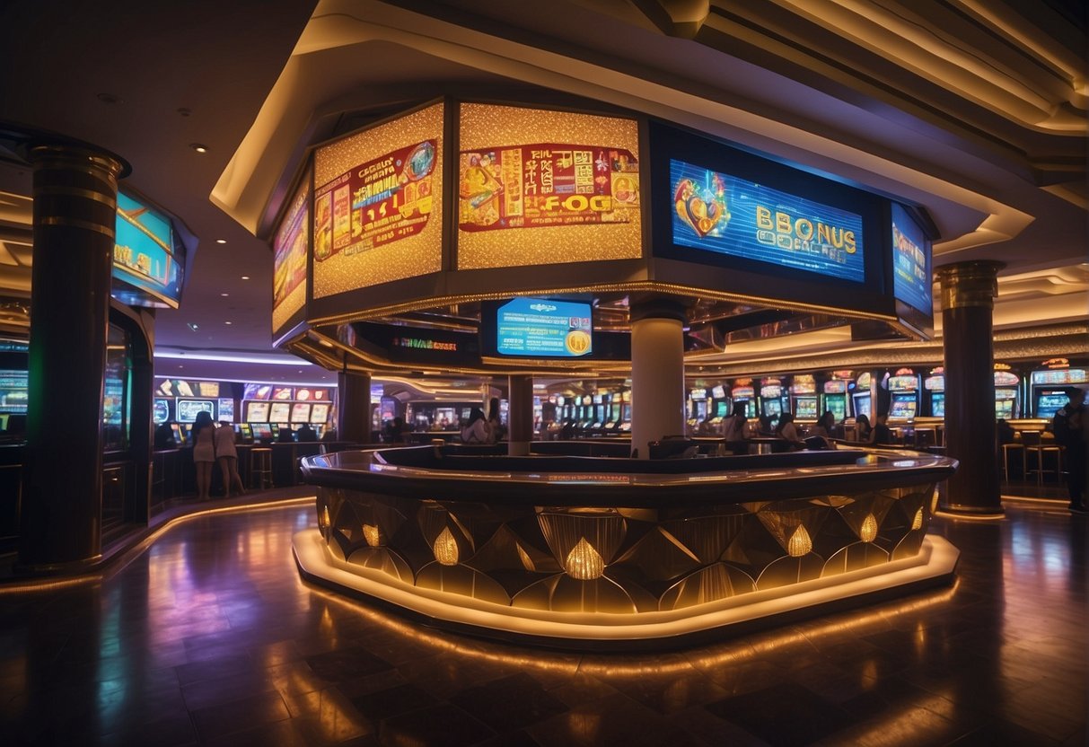 A vibrant casino setting with a large promotional banner for deposit bonuses in Singapore. Bright lights, happy patrons, and a bustling atmosphere
