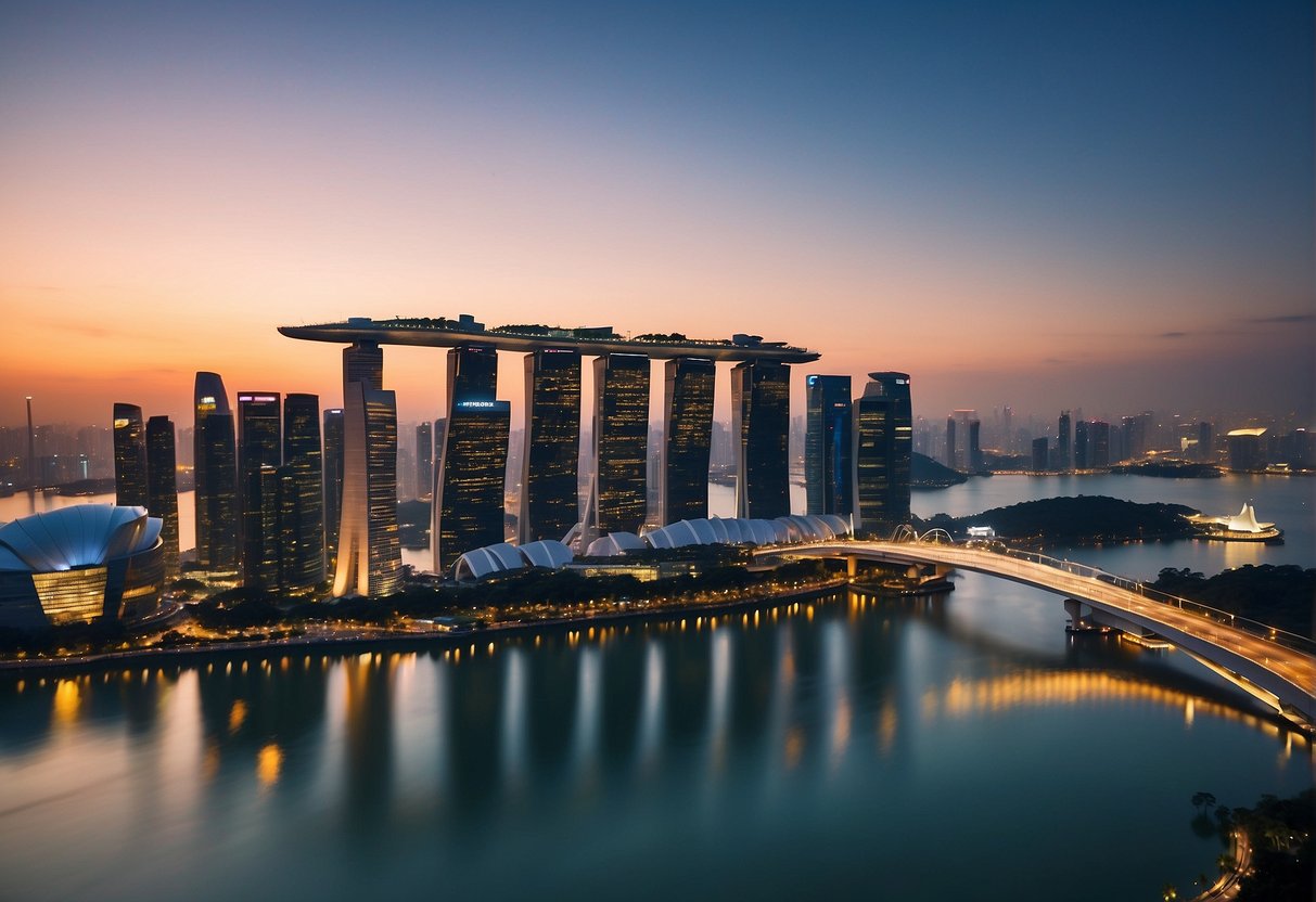 A sleek airplane soaring over the iconic skyline of Singapore, with the words "Exclusive Flight Promotions 2024" prominently displayed