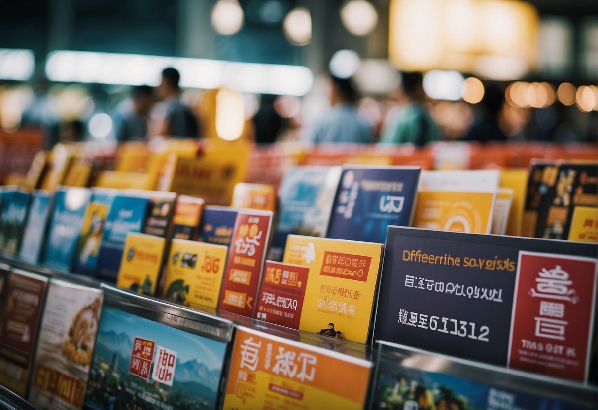 A vibrant display of promotional signage and banners in a bustling Singaporean market