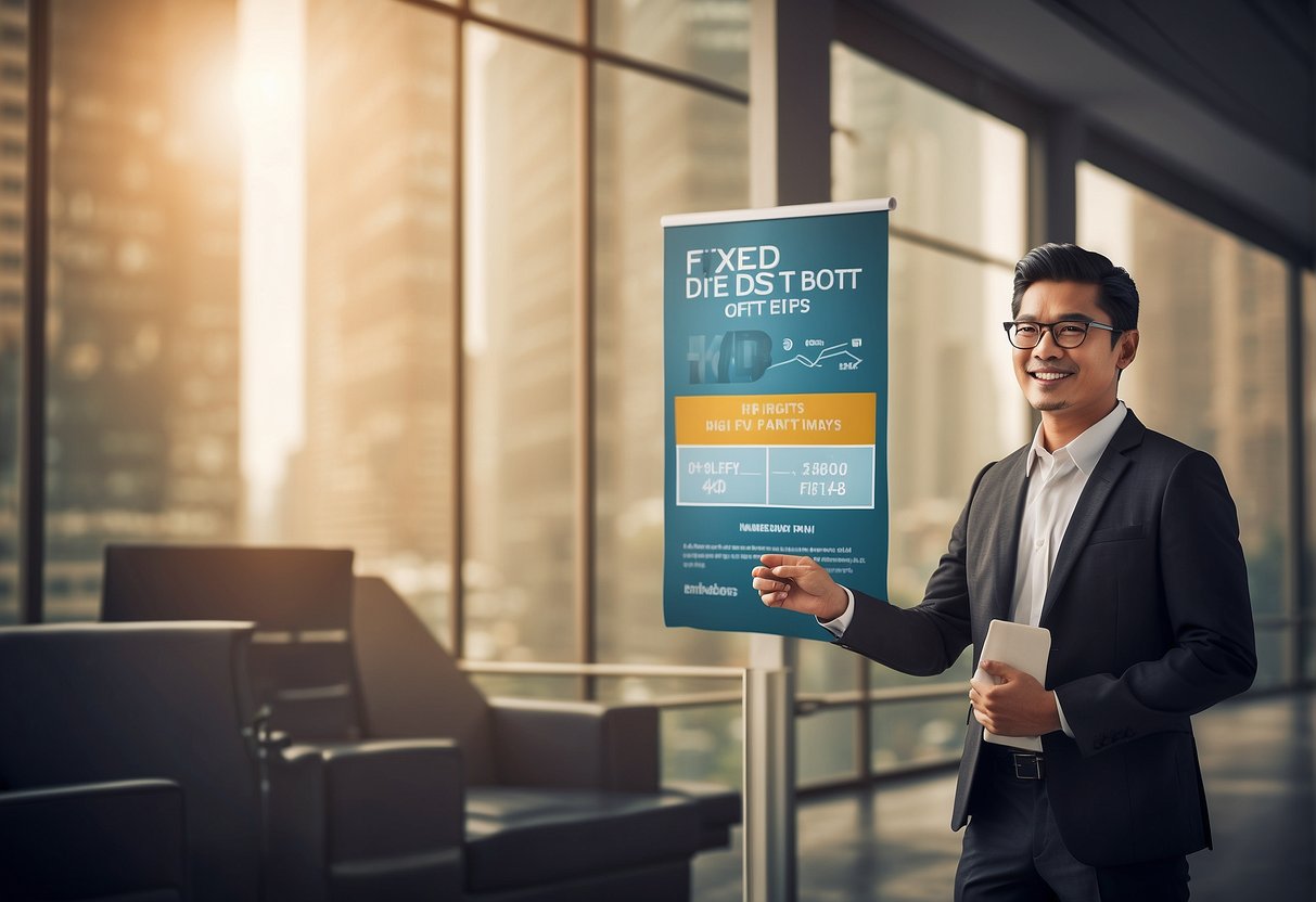 A bank teller presents a promotional banner for the latest fixed deposit offers in Singapore