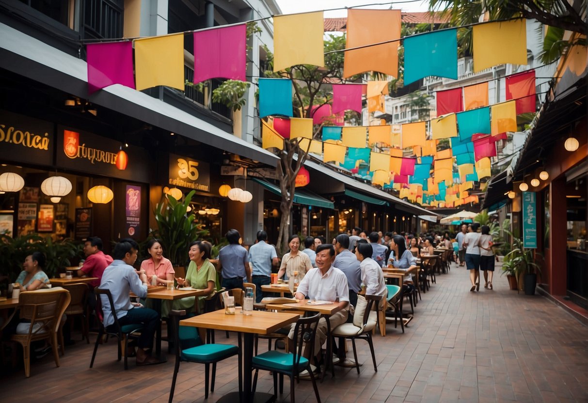 Colorful banners hang above bustling outdoor eateries at Clarke Quay, showcasing enticing lunch promotions in Singapore. Tables are filled with patrons enjoying the lively atmosphere