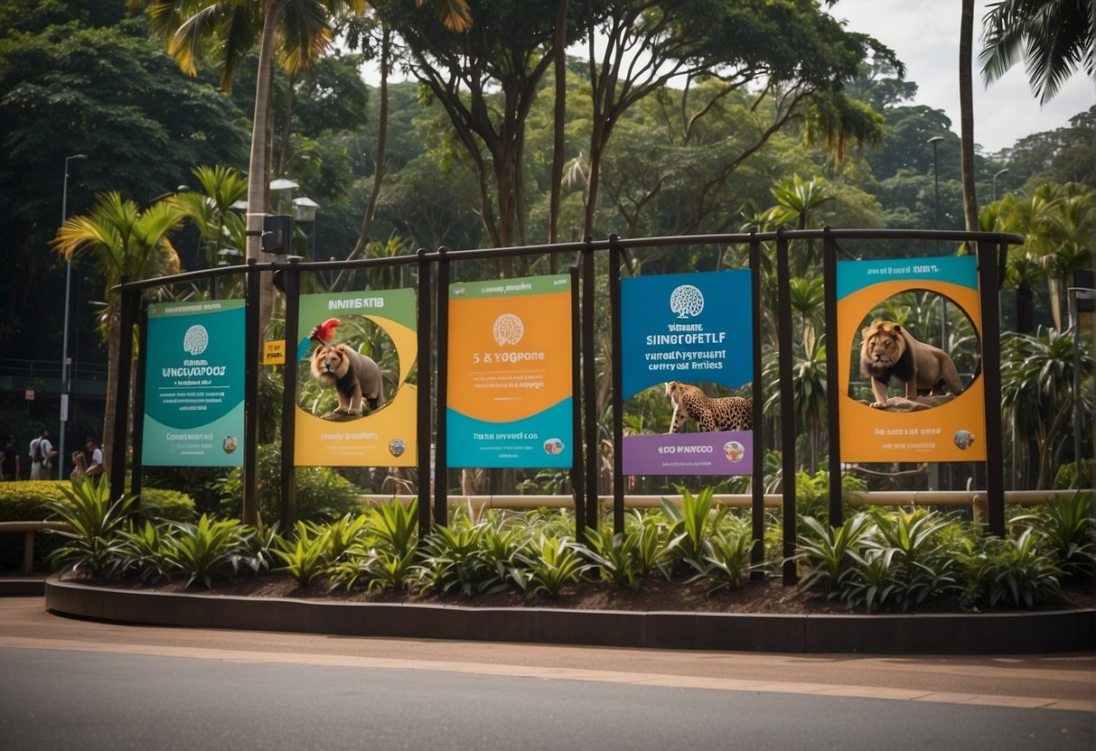 Colorful banners and signs line the entrance of Singapore Zoo, advertising unmissable promotions on zoo tickets