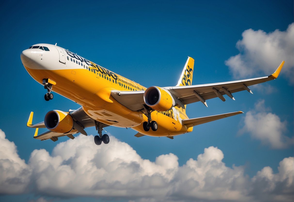 A colorful airplane with "Save More on Budget Airlines scoot promotions singapore" displayed on its side, soaring through a clear blue sky