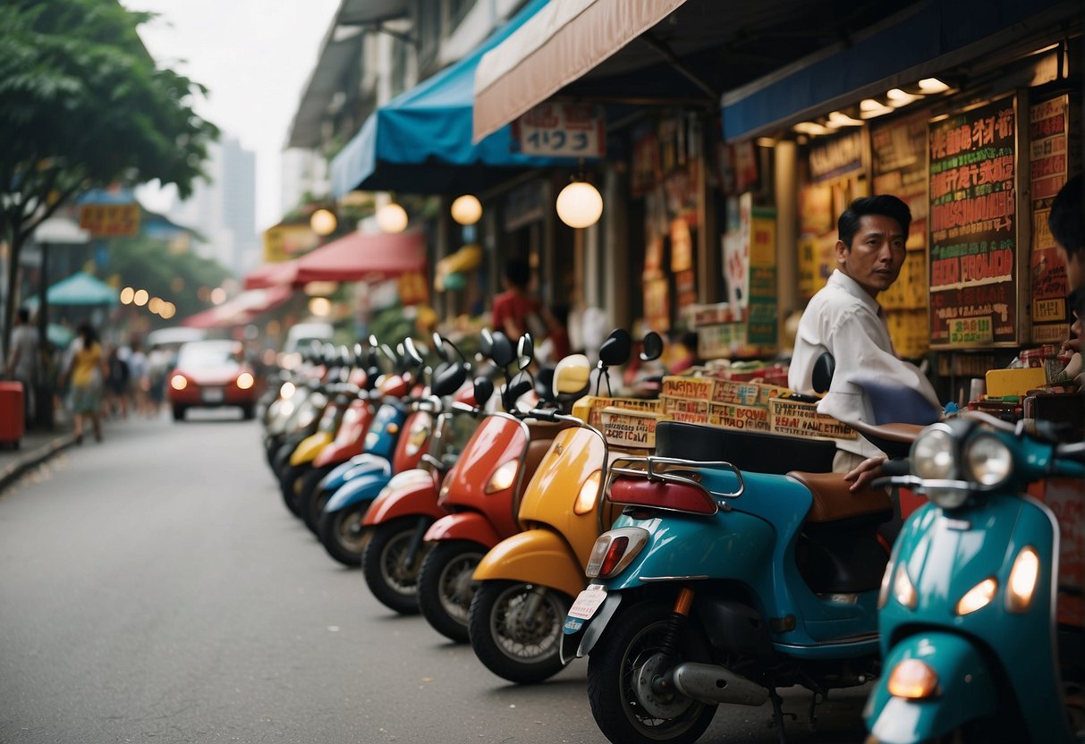 A bustling Singapore street with colorful scooters and a prominent "Frequently Asked Questions" sign