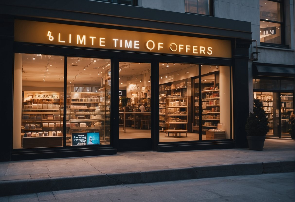 Brightly lit storefront with bold "Limited-Time Offers" signage. Display racks filled with discounted merchandise. Excited shoppers browsing through the selection