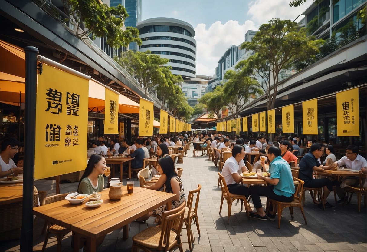 Colorful banners and signs advertising lunch promotions at Clarke Quay. People enjoying meals at outdoor tables by the river