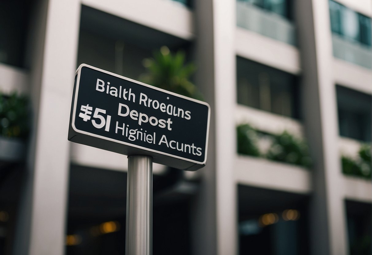 A stack of money grows taller next to a bank building with a sign promoting high-yield deposit accounts in Singapore