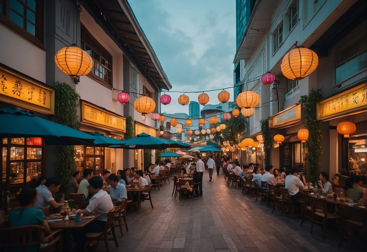 A bustling Clarke Quay with colorful restaurant signs advertising lunch promotions in Singapore