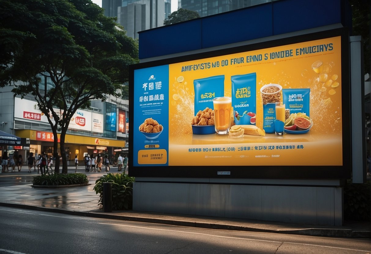 A colorful billboard displays "Latest Promotions" for ComfortDelGro in the bustling streets of Singapore