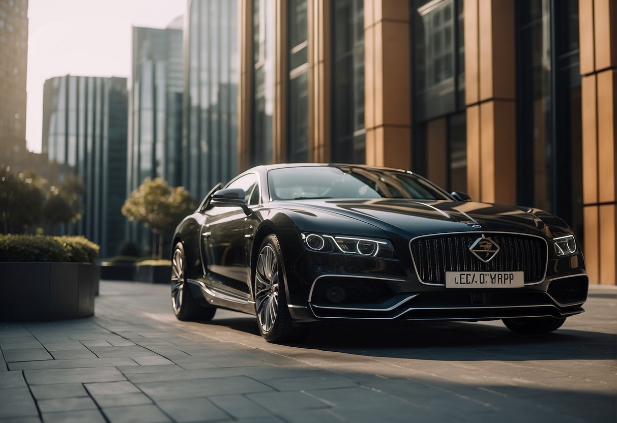 A luxurious car with a sleek design and a prominent "Exclusive Membership Benefits" logo parked in front of a prestigious building