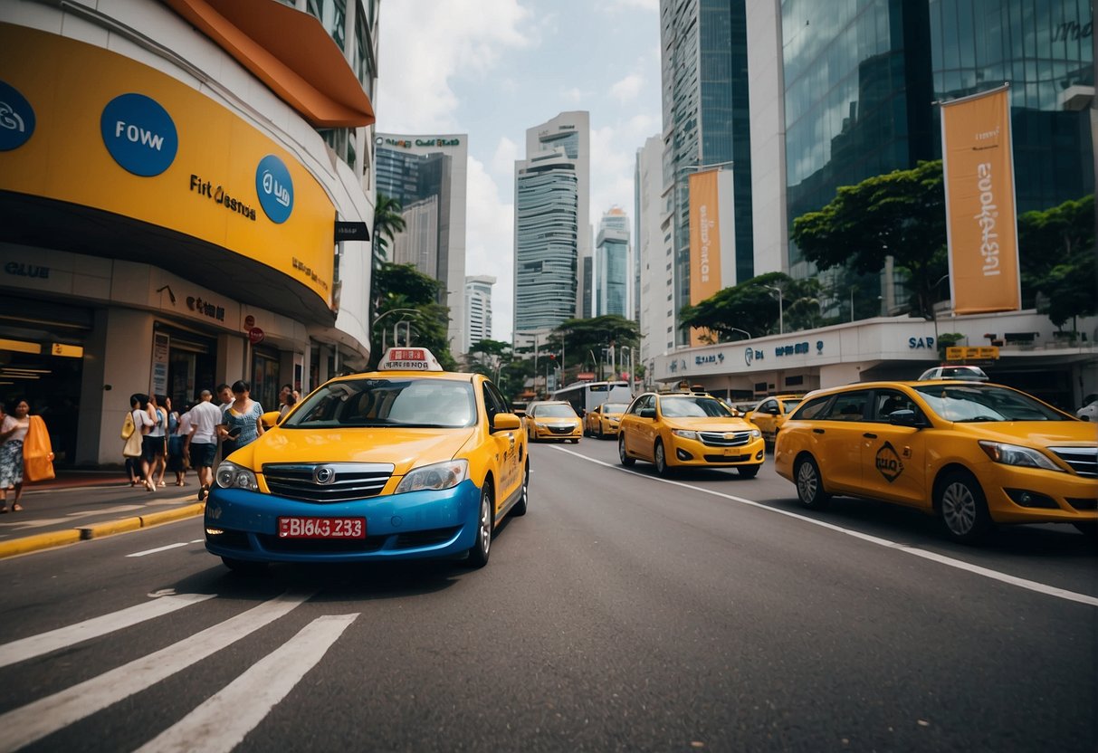 A bustling Singapore street with a ComfortDelGro taxi passing by, surrounded by promotional banners and signs