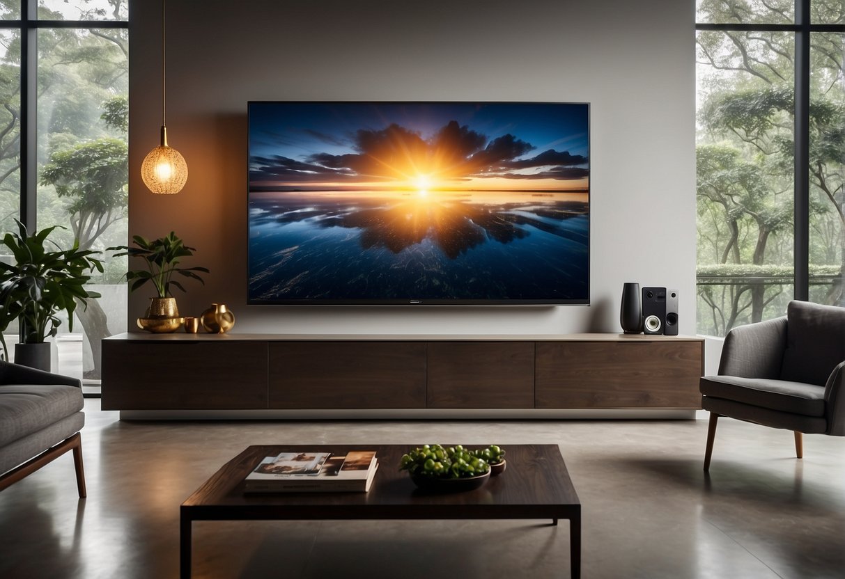A smart TV with vibrant promotions displayed on screen in a modern living room setting in Singapore
