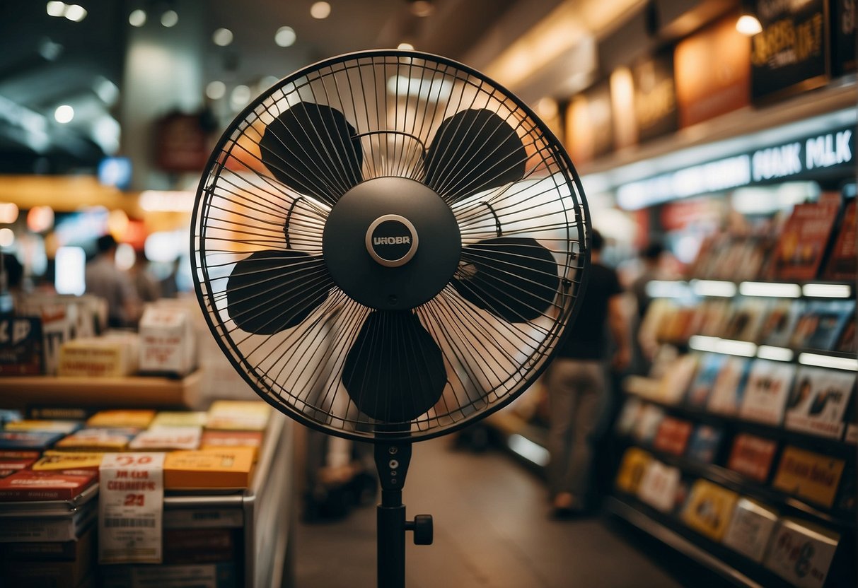 A stand fan surrounded by promotional signs in a bustling Singapore store