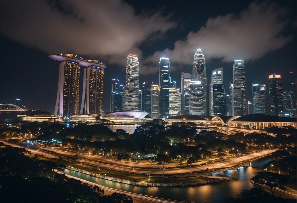 A vibrant cityscape with iconic landmarks and bustling streets, showcasing the energy and excitement of Syfe promotions in Singapore