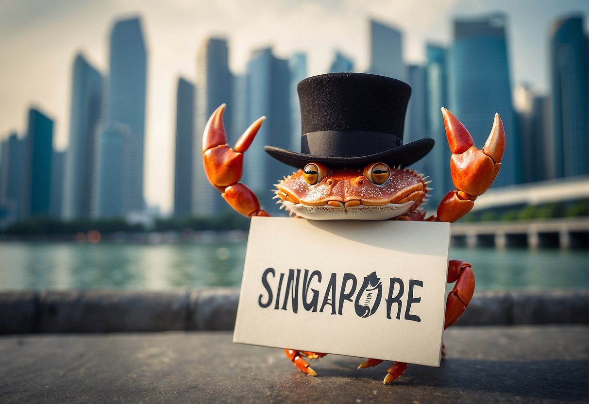 A crab wearing a top hat and holding a sign promoting Singapore, with the city skyline in the background