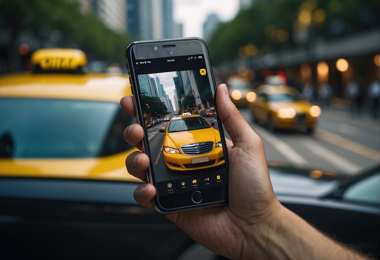 A smartphone with a taxi app open, displaying promotional offers for rides in Singapore