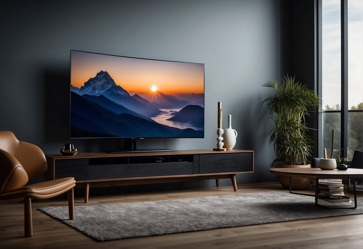 A sleek, modern smart TV on a minimalist stand, surrounded by stylish home entertainment devices and accessories. Vibrant promotional banners and logos adorn the display