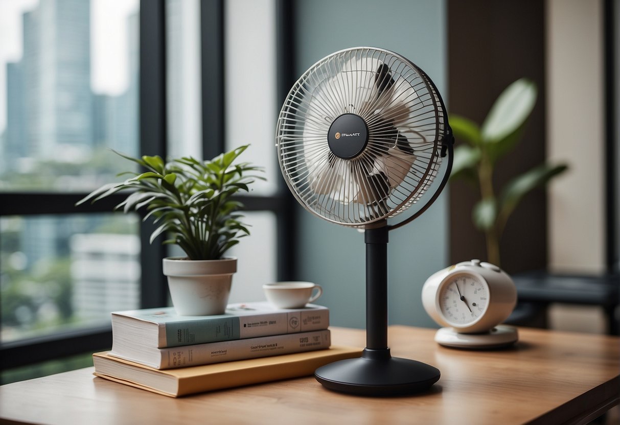 A stand fan surrounded by promotional materials in Singapore