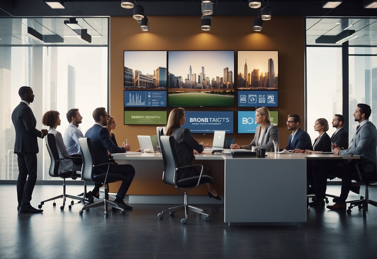 A bustling brokerage office with banners promoting bonuses and promotions. A diverse group of people discussing investment opportunities