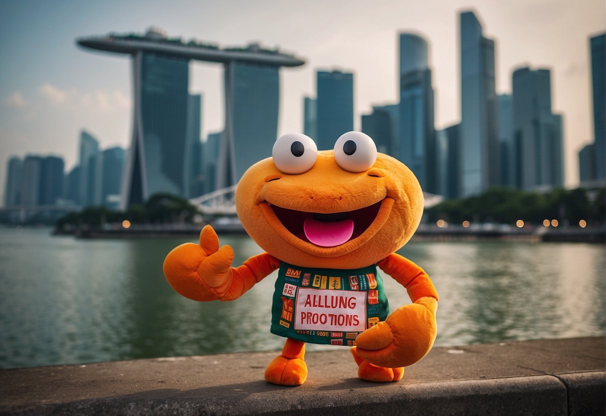 A vibrant crab mascot dances with a banner reading "Alluring Crab Promotions" in front of a bustling Singapore cityscape