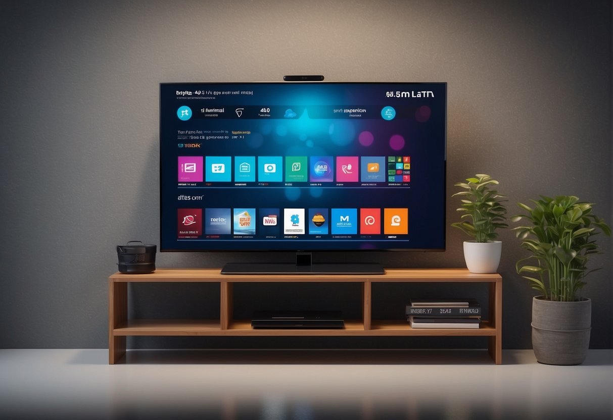 A smart TV sits on a sleek stand, surrounded by promotional banners and comparison charts. The room is well-lit with a modern, minimalist design