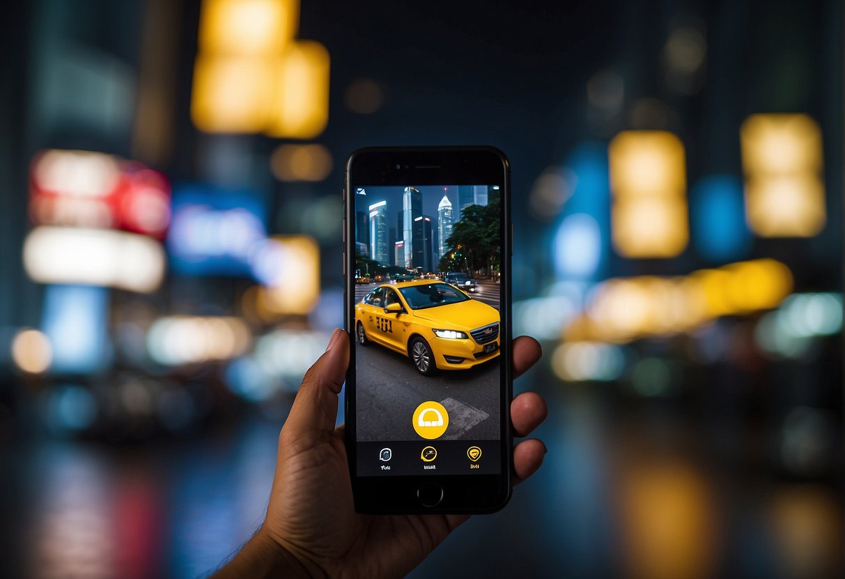 A bright spotlight shines on a display of current promotions for a taxi app in Singapore