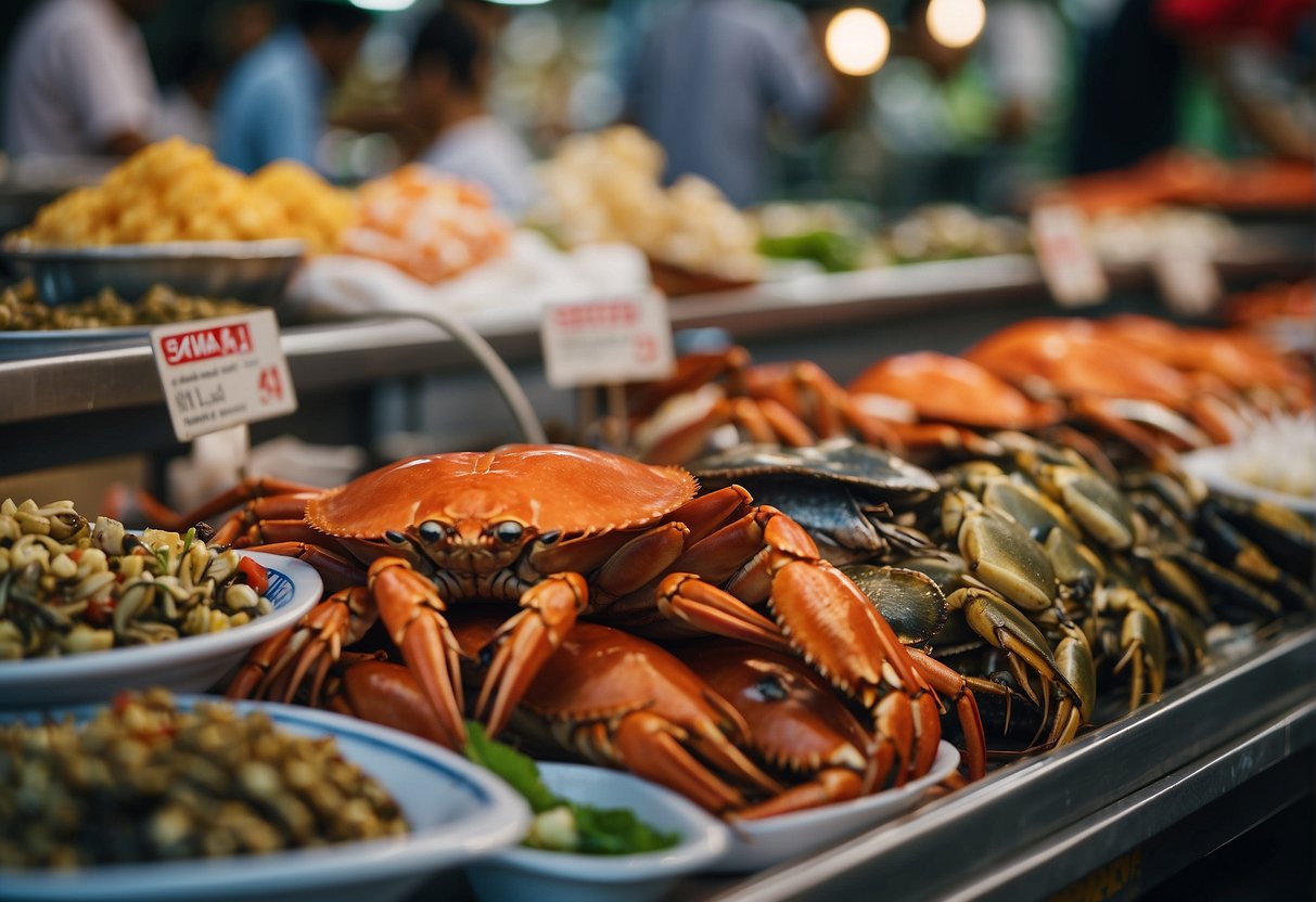 A table adorned with fresh crabs and seafood, surrounded by promotional signs, set against a backdrop of a bustling seafood market in Singapore