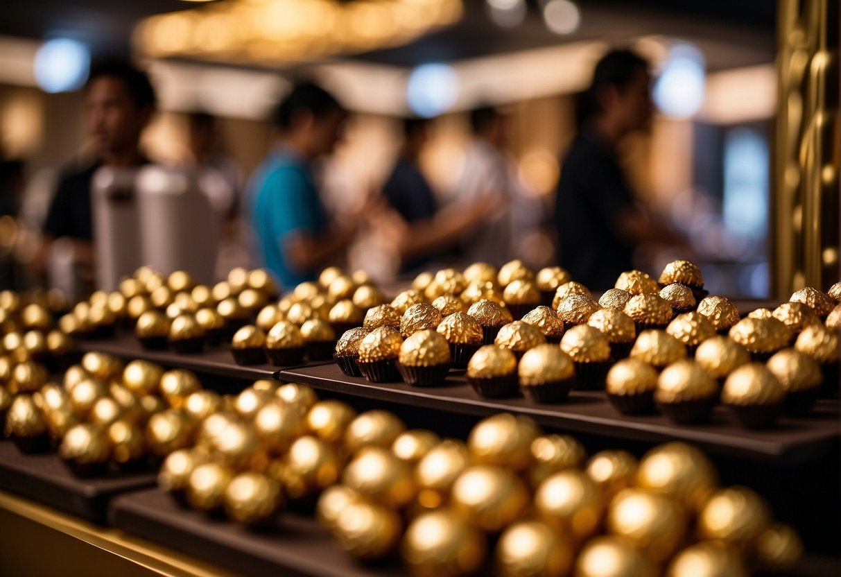 A luxurious display of Ferrero Rocher chocolates at a bustling promotional event in Singapore. Gold-wrapped treats and elegant branding catch the eye of passersby