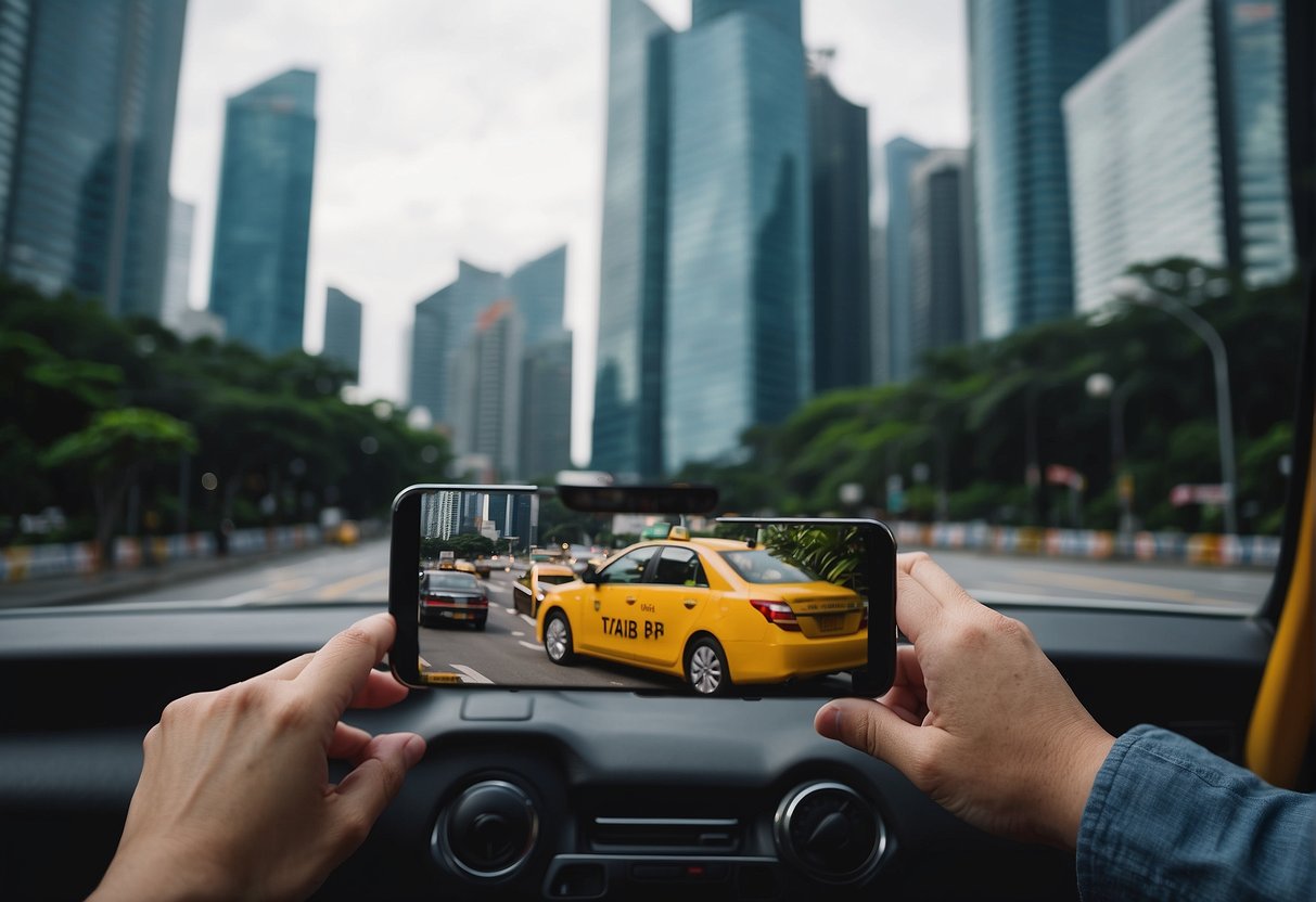 People using a taxi app in Singapore, with city skyline and landmarks in the background