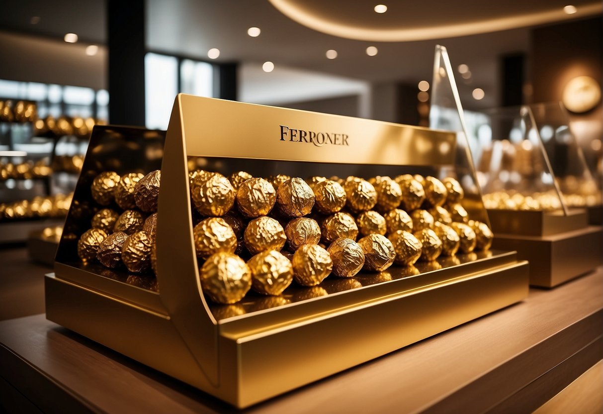 A luxurious display of Ferrero Rocher chocolates with promotional signage in a Singaporean store. Gleaming gold packaging and elegant presentation draw in customers