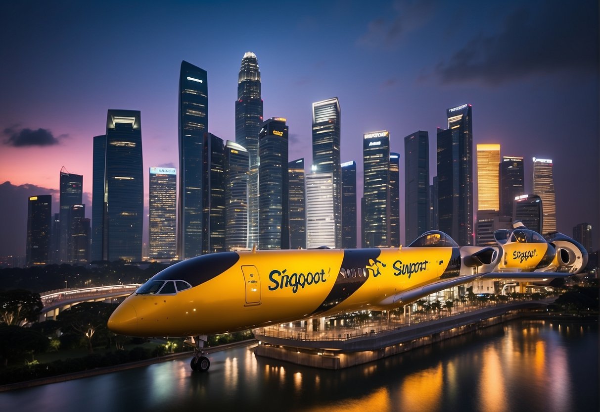 A vibrant cityscape of Singapore with a prominent FlyScoot promotional display in the foreground, showcasing the airline's latest deals and offers