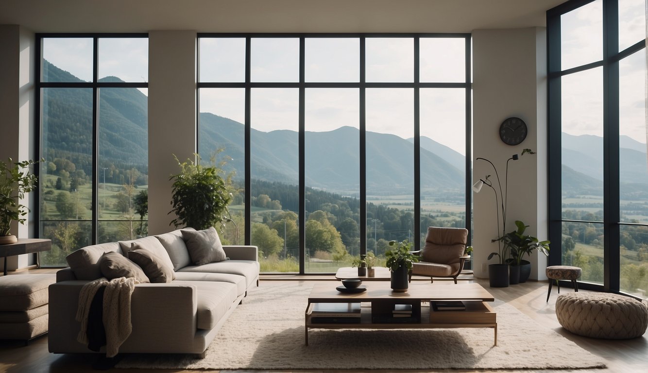 A bright, spacious living room with large windows showcasing a stunning view of the surrounding landscape. Modern furnishings and tasteful decor create an inviting atmosphere