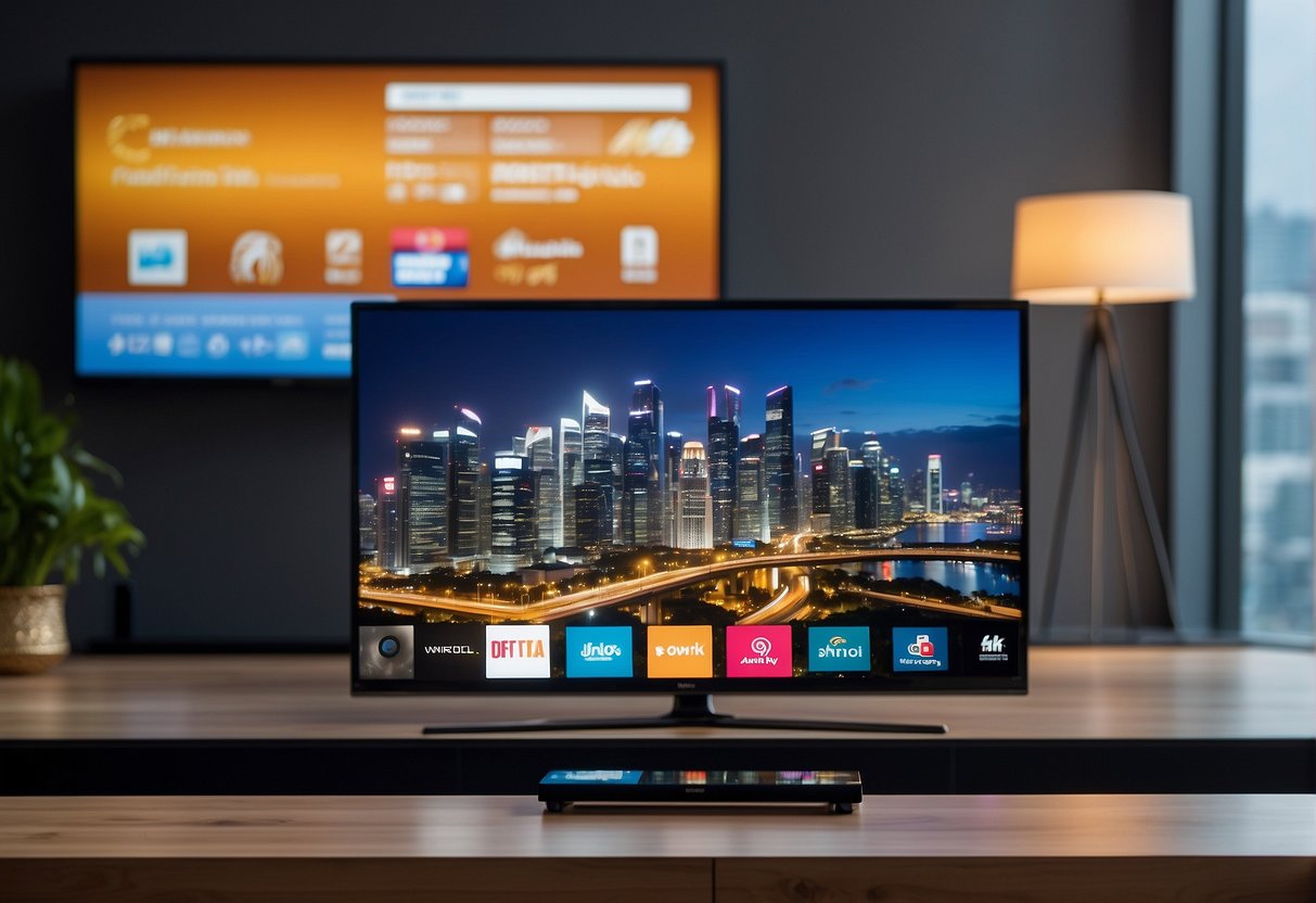 A smart TV surrounded by promotional banners and logos in Singapore