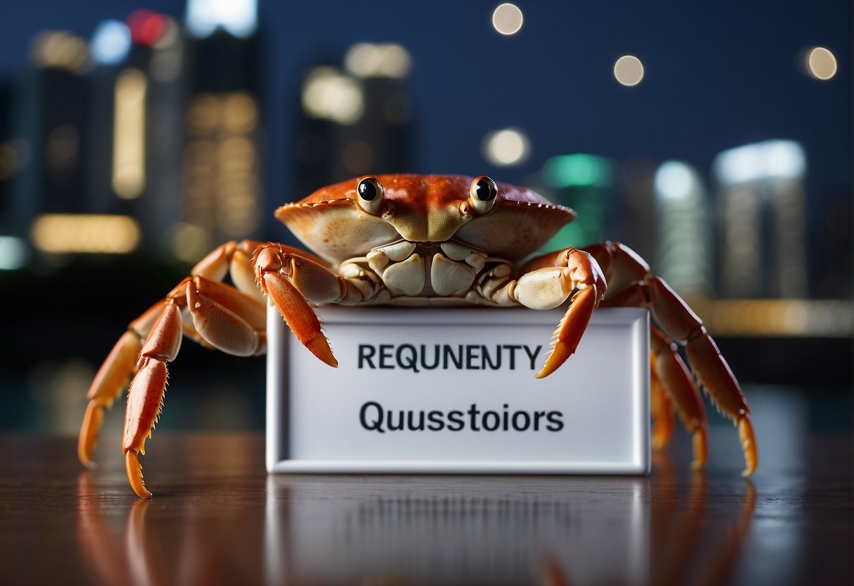 A crab holding a sign with "Frequently Asked Questions" and a Singapore flag in the background