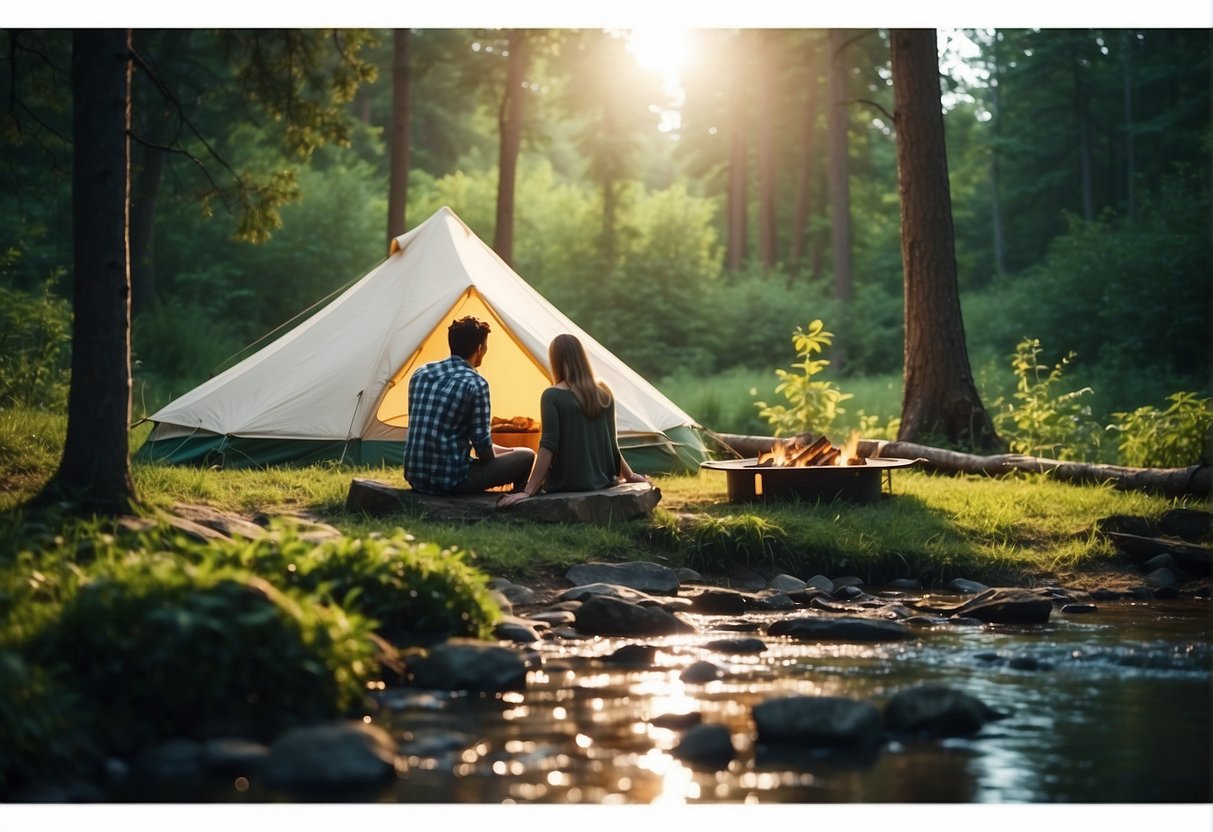 A couple sits by a crackling campfire, surrounded by lush greenery and towering trees. A tent is pitched nearby, and a small stream glistens in the background
