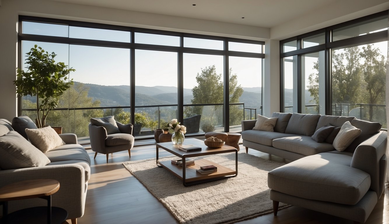 A well-lit, spacious living room with modern furnishings and large windows showcasing a beautiful view. A professional camera and tripod are set up to capture the space
