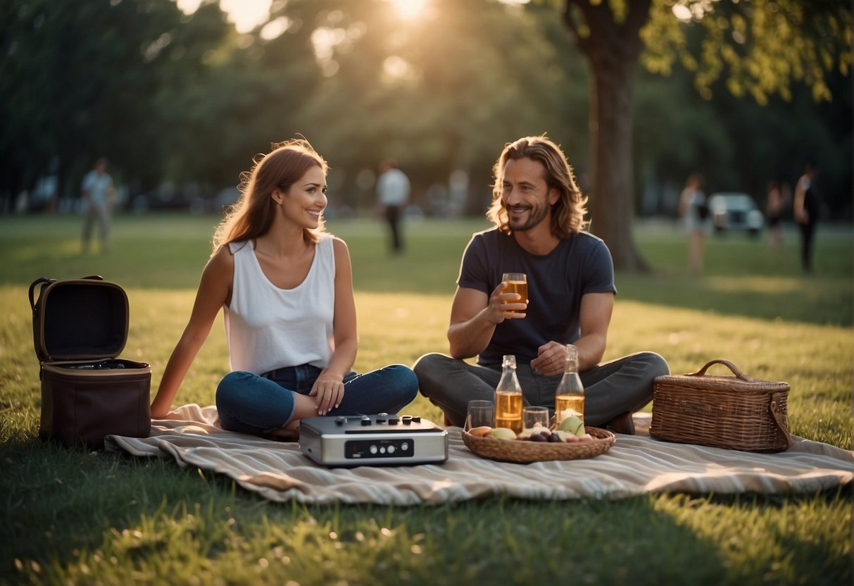 A couple picnics in a park, surrounded by DIY entertainment like homemade games, a portable speaker, and a projector for outdoor movies
