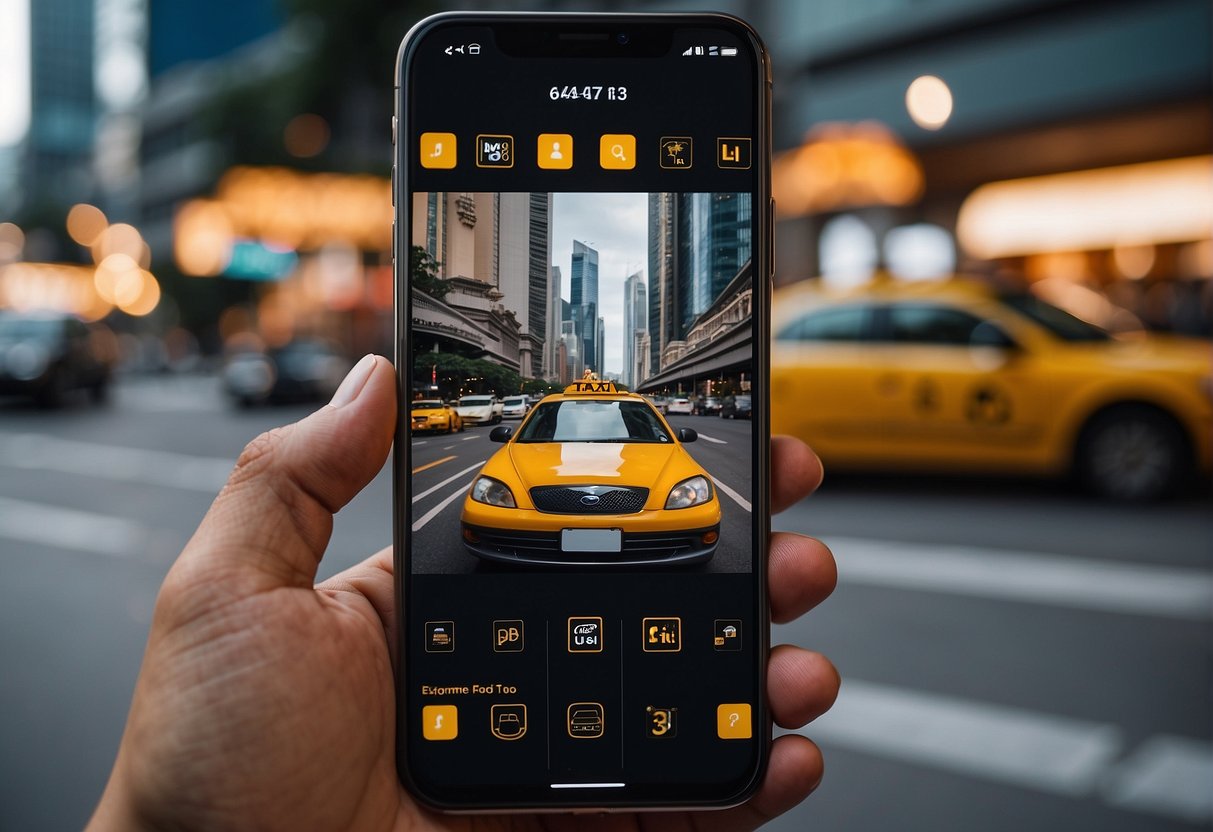 A smartphone with a taxi app open, displaying promotions for Singapore, with a FAQ section visible
