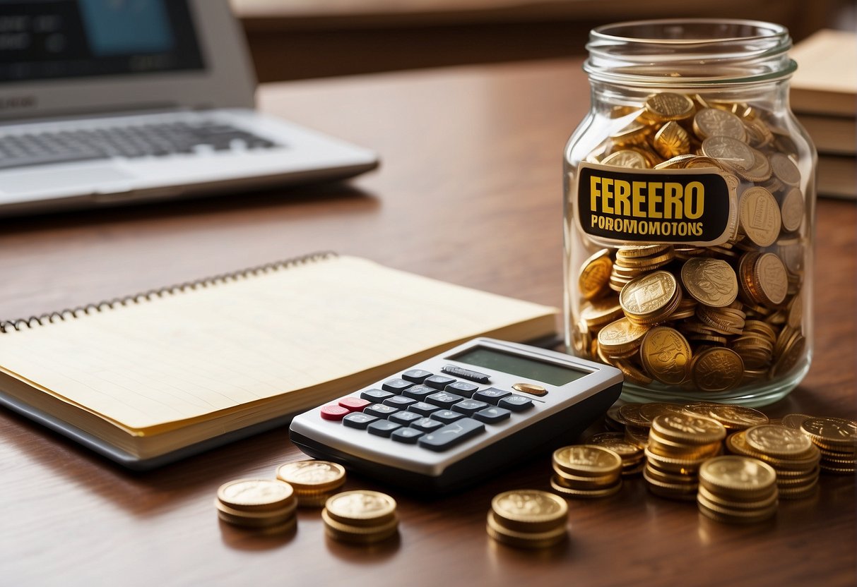 A table with a jar of coins, a piggy bank, and a stack of bills. A calculator, pen, and notebook sit nearby. A sign advertises "Ferrero Rocher Promotions Singapore" in the background