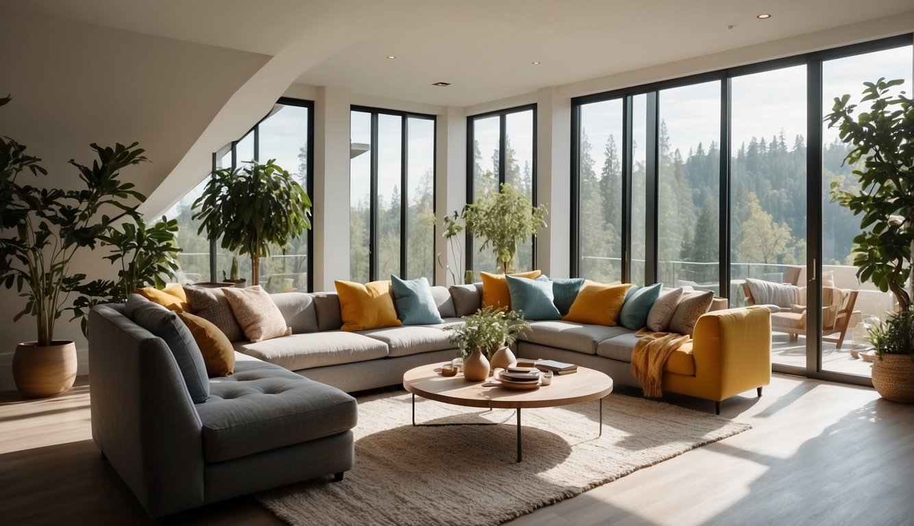 A bright, spacious living room with natural light streaming in through large windows, showcasing the open layout and modern decor