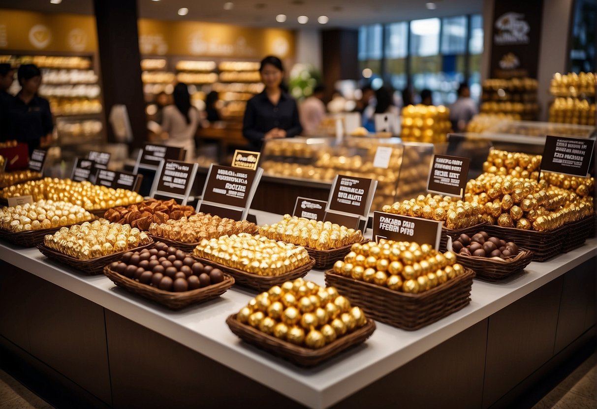 A table with Ferrero Rocher products, promotional banners, and a queue of customers in a Singaporean store