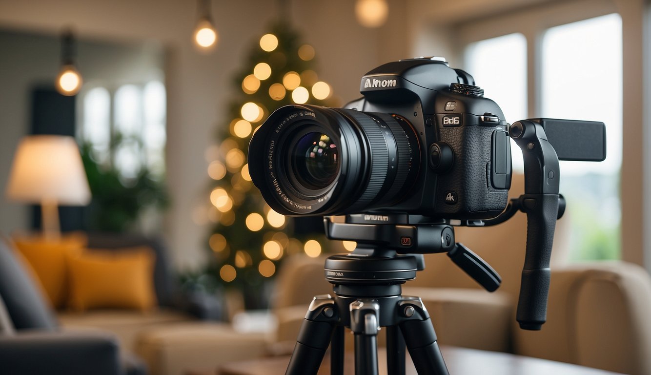 A camera, tripod, and lighting equipment set up in a well-lit room with attractive home decor and furniture