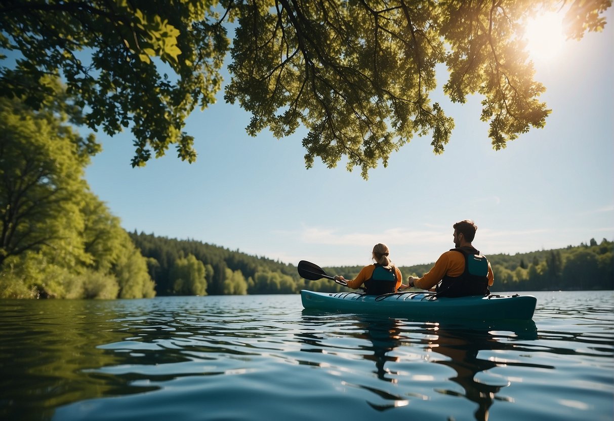 A couple kayaking on a serene lake, surrounded by lush greenery and clear blue skies. The sun is shining, and they are laughing and enjoying each other's company