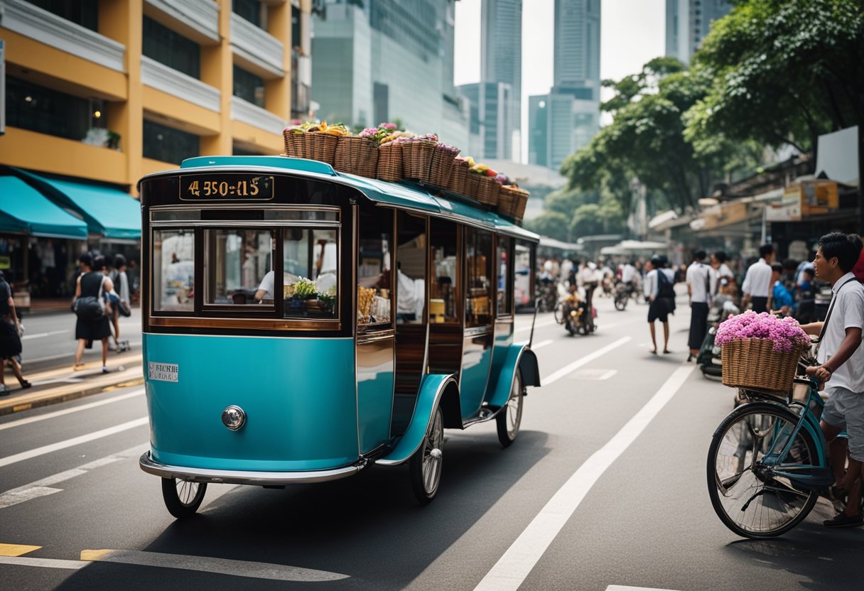 A bustling street in Singapore with colorful cycle and carriage promotions, showcasing various designs and features. Pedestrians admire the vehicles while vendors enthusiastically promote their products