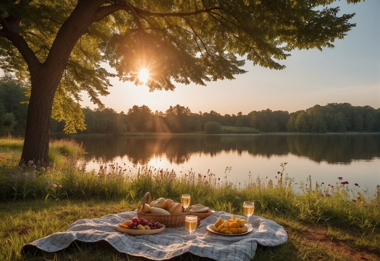 A peaceful picnic by a tranquil lake, surrounded by lush greenery and colorful wildflowers. A gentle breeze rustles the leaves as the sun sets, casting a warm glow over the serene landscape