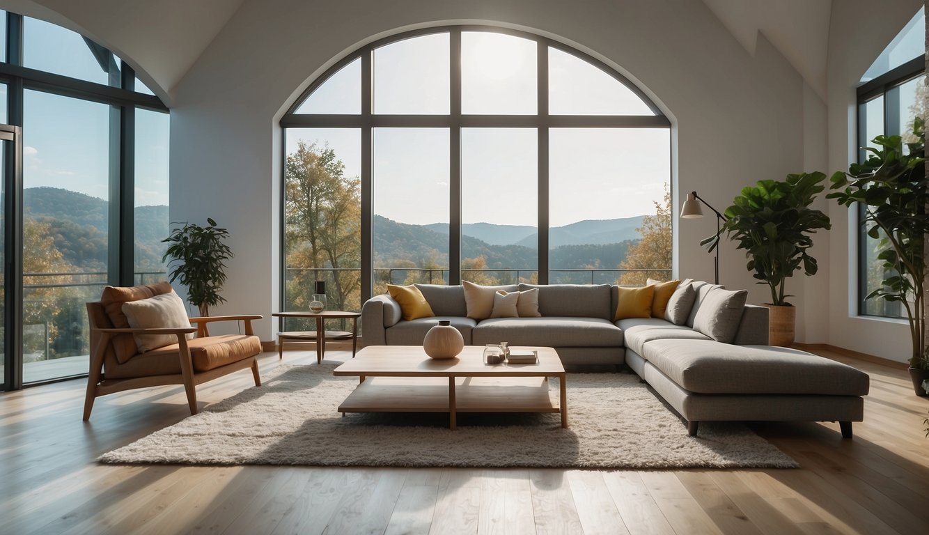 A bright, spacious living room with modern furniture and large windows showcasing a scenic view. A professional camera and tripod are set up, ready to capture the space