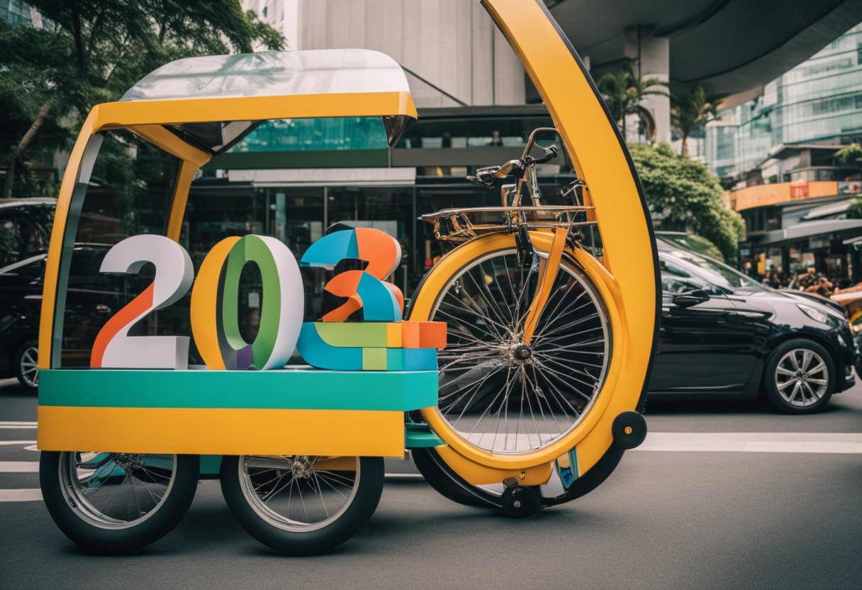 A colorful cycle and carriage promotion display with 2024 signage, attracting attention and excitement in Singapore