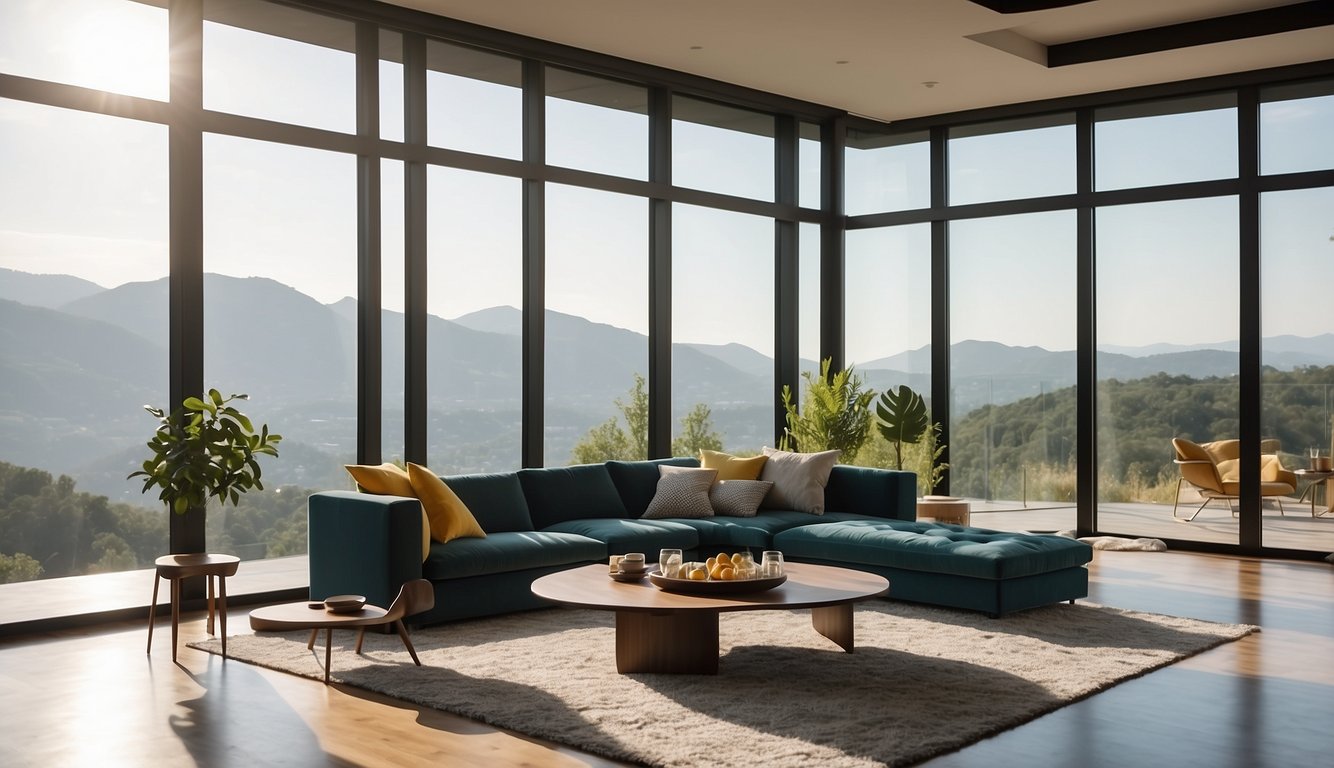 A bright and spacious living room with modern furniture and large windows showcasing a beautiful view of the surrounding landscape