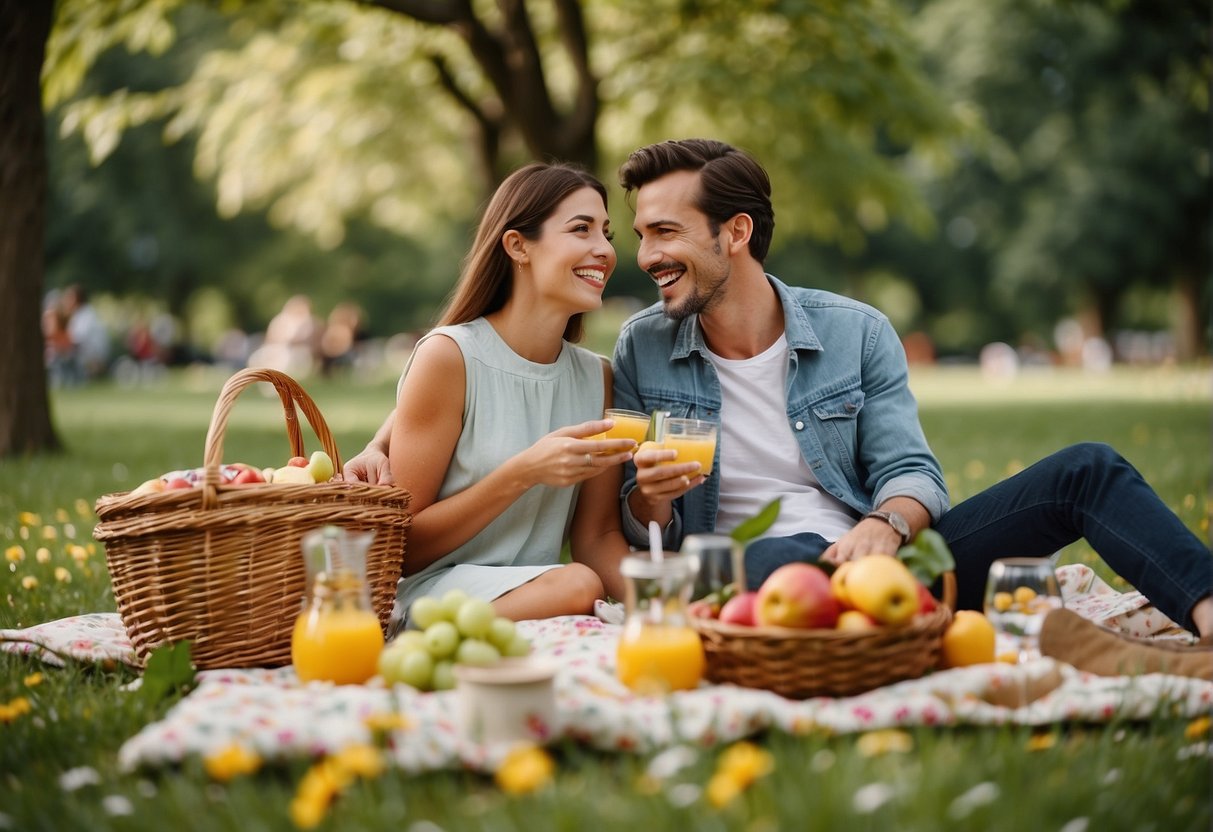 A couple picnicking in a sunny park, surrounded by colorful flowers and lush greenery. A blanket is spread out with a basket of food and drinks. They are laughing and enjoying each other's company