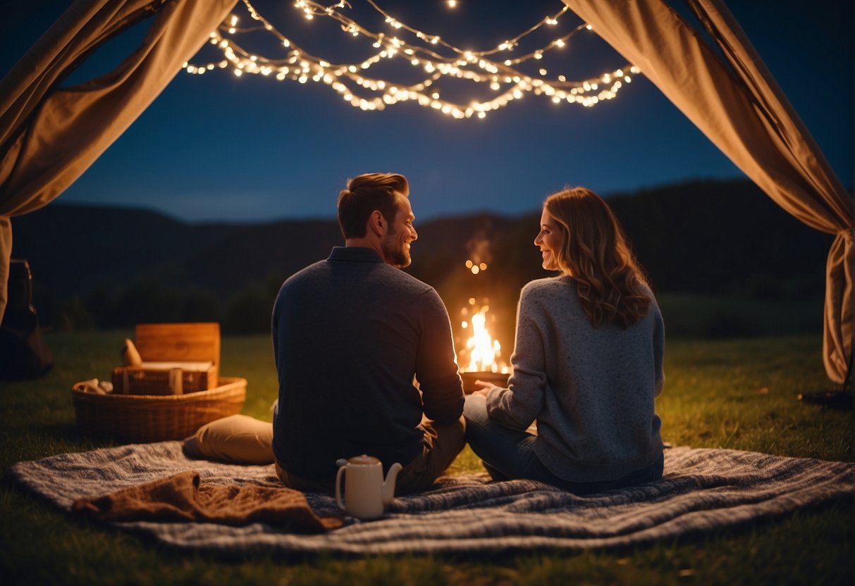 A couple sits on a picnic blanket under a starry sky, surrounded by twinkling fairy lights and a small bonfire. They enjoy a budget-friendly evening of stargazing and sharing stories